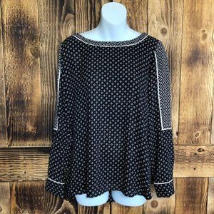 NEW Loft Geometric Printed Long Sleeve Boat Neck l Blouse Black Sz XS
